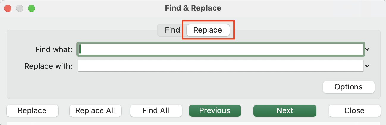Excel Find and Replace dialog box showing the replace options